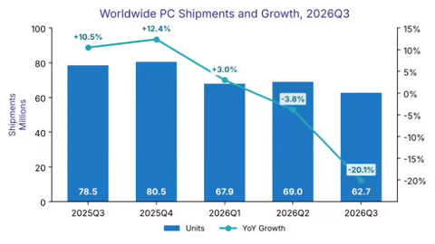 IDC ���� 2026Q3 ȫ�� PC ������������ͬ�Ƚ� 22.6%�����ս� 30.9%�������� 25.0%��ƻ���� 11.3%